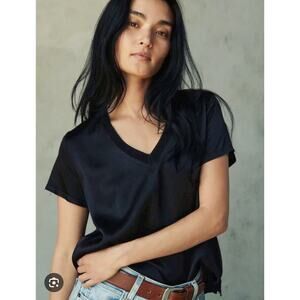 nation ltd viscose black satin v neck short sleeve t shirt june top Small